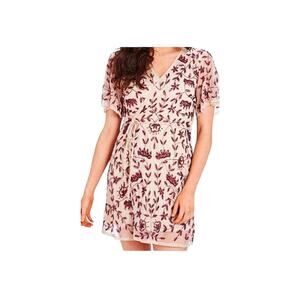 Altar'd State Beaded Ruby And Garnet Design Wrap Dress in Taupe Womens Size S.